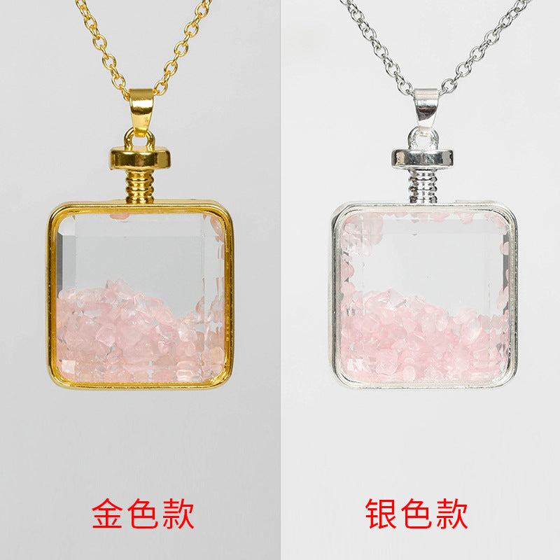 Wholesale Gravel Square Pink Quartz Round Pendant  Crystal Necklace