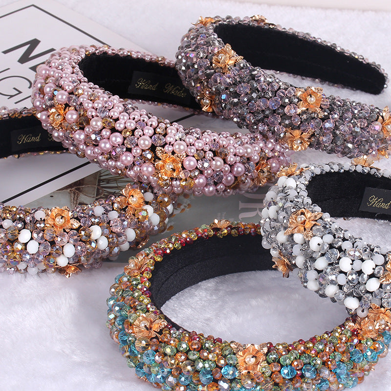 Wholesale 10Pcs Heavy Industry Crystal Beaded Retro Baroque Thick Sponge Wide Brim Pressed Headband