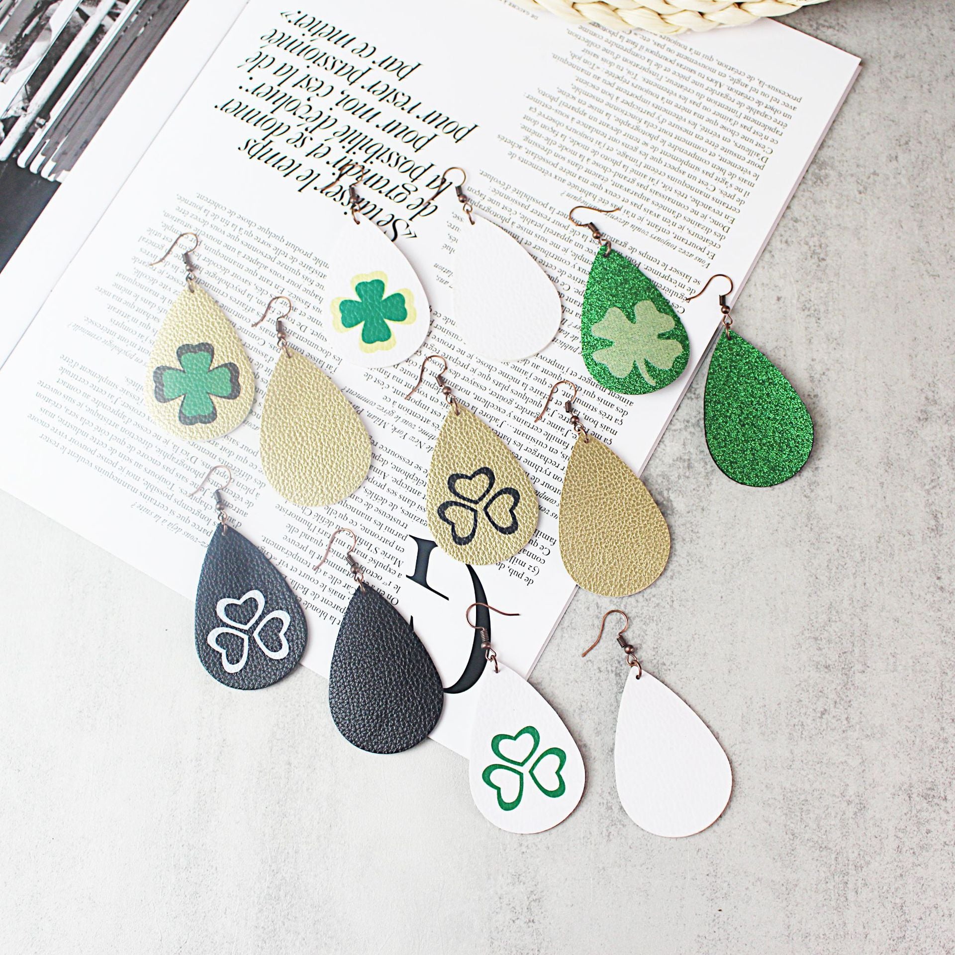 Wholesale St. Pa Festival Clover Leather Printed PU Earrings Drops Earrings