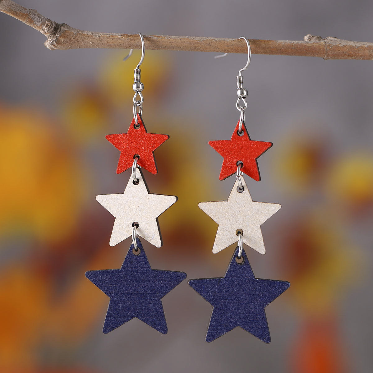 Wholesale Independence Day red White Blue Flag Color Love star wooden earrings