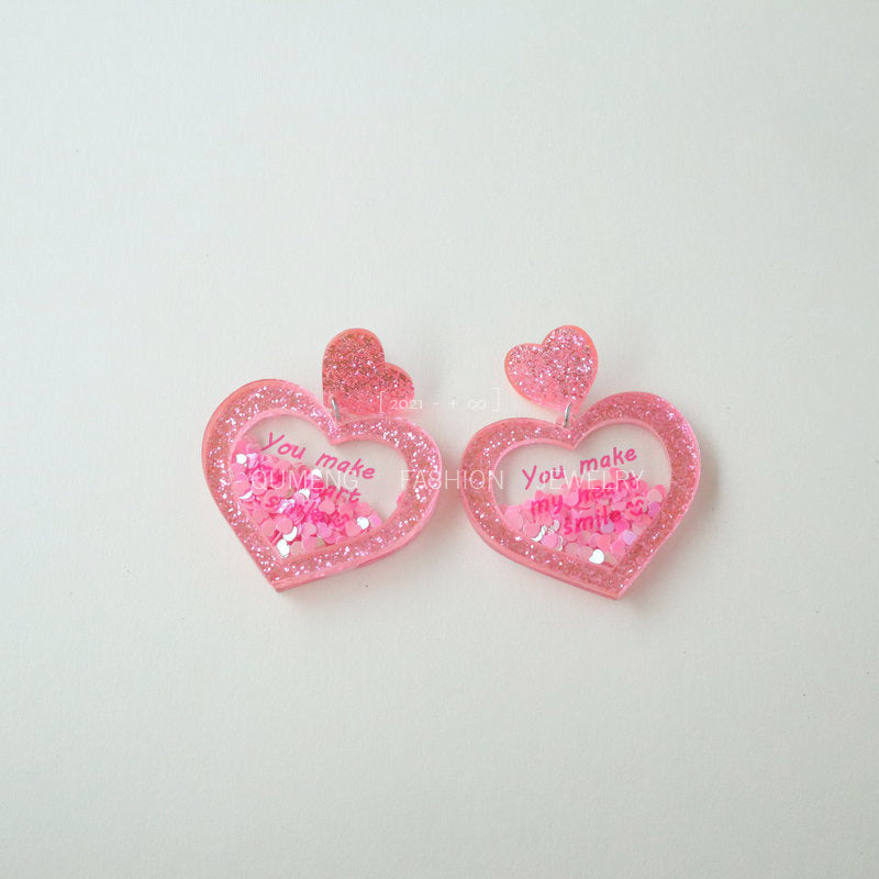 Wholesale Valentine' s Day Acrylic Stereo Sequins quicksand Peach Heart Earrings