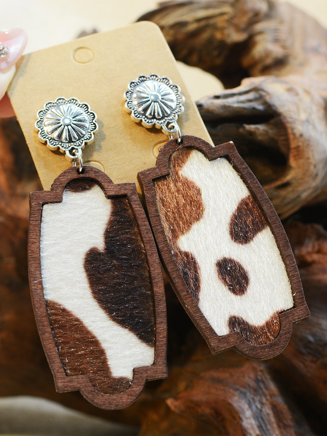 Wholesale Turquoise Inlaid Western Cowboy Earrings Plush Cow  Semi-Circle Cut Out Leopard