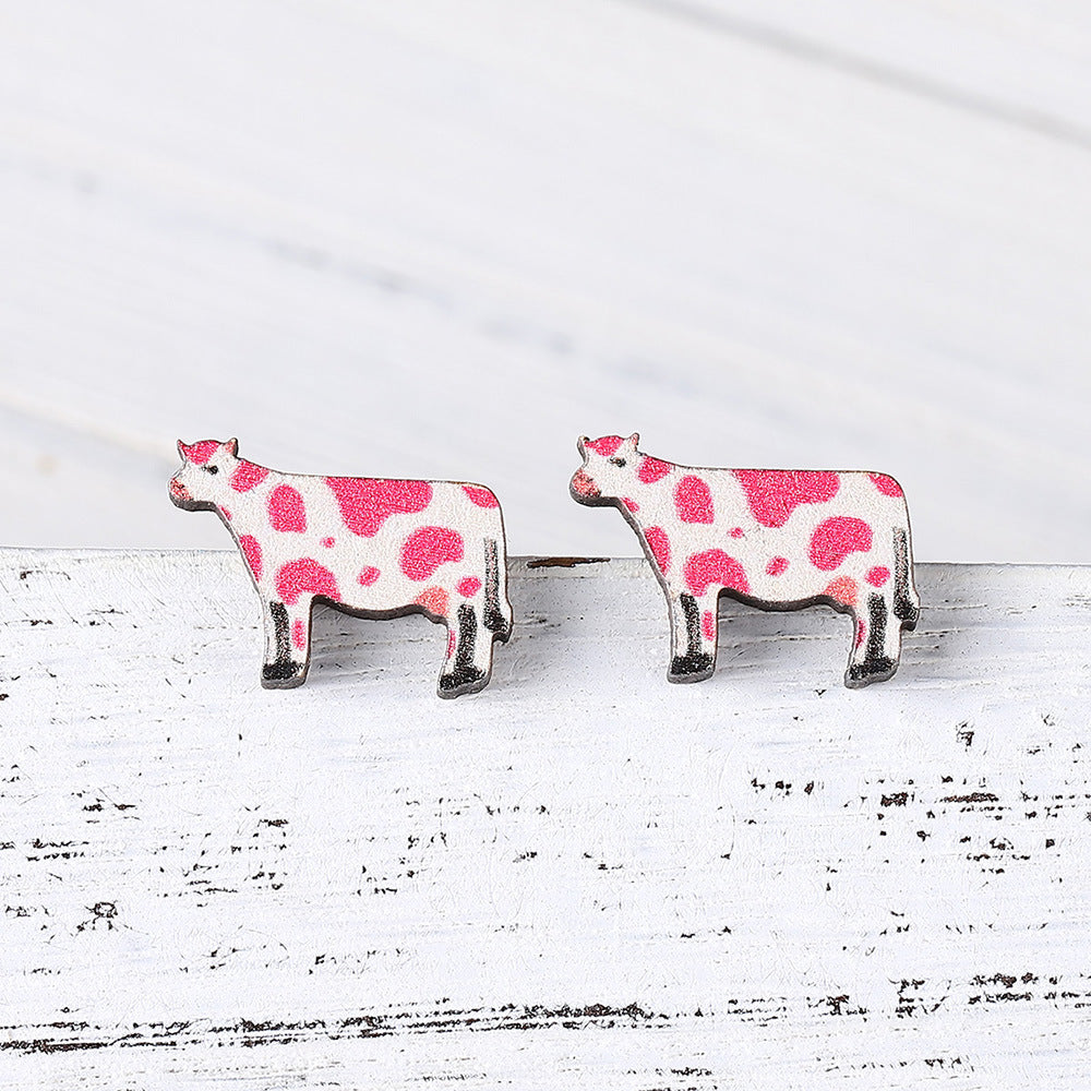 Wholesale  New Ethnic Western Denim Jewelry Dairy Pattern Love Cow Earrings Cute Wooden Earrings