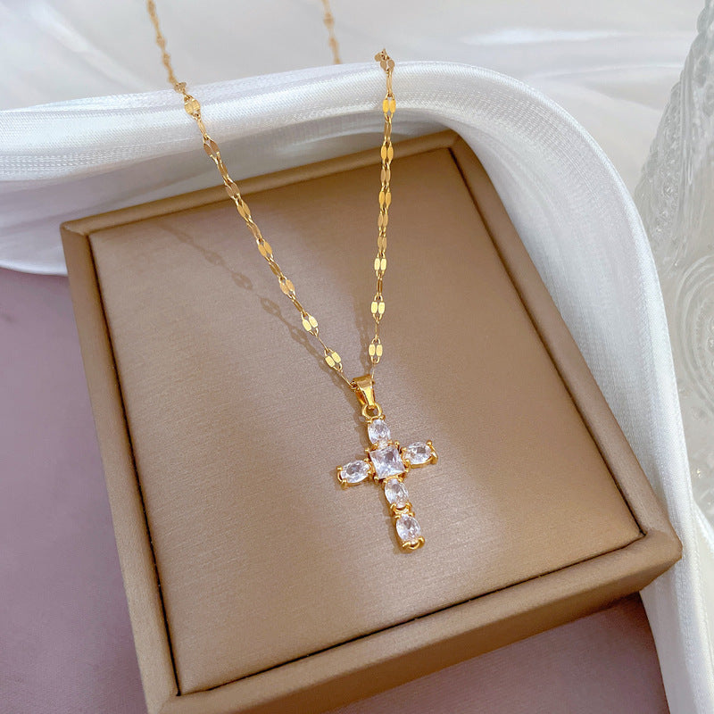 Wholesale Titanium Steel Micro-paved Light Luxury Zircon Cross Necklace Clavicle Chain