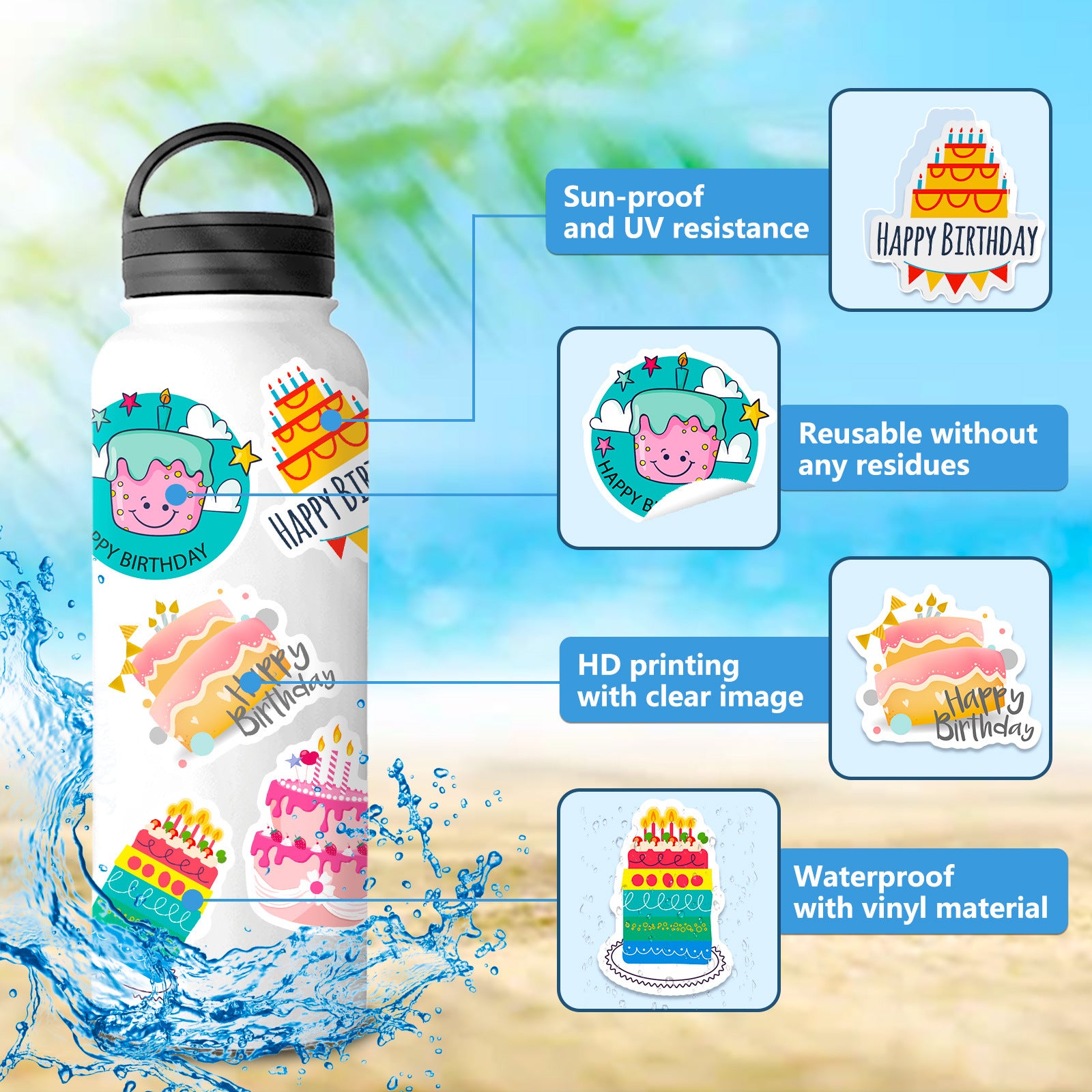 Wholesale 50pcs birthday cake stickers birthday wishes graffiti stickers DIY happy birthday stickers