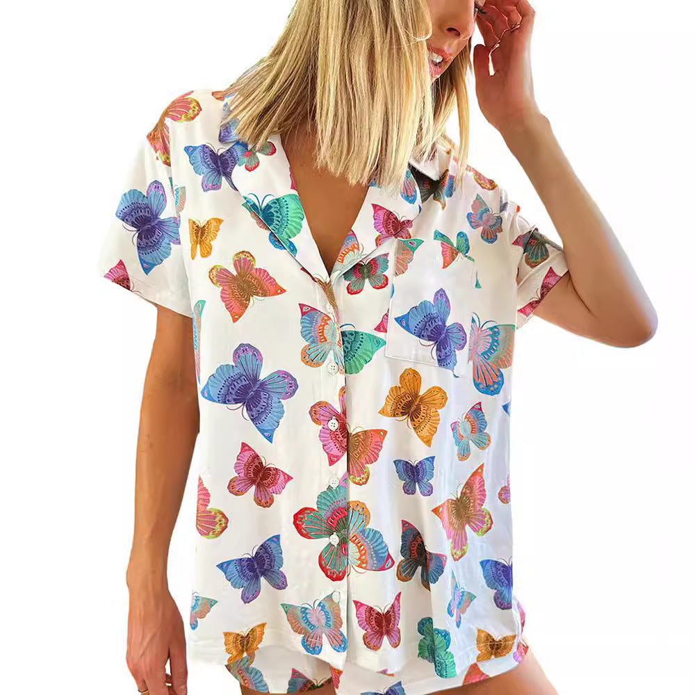 Wholesale Butterfly Print Short Sleeve Shorts Home Wear Set