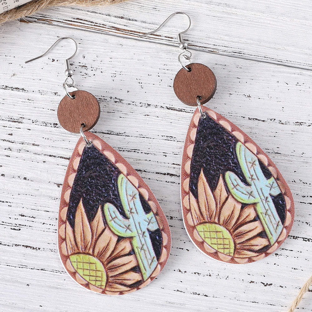 Wholesale Western ethnic style water drop wood and leather double-sided earrings