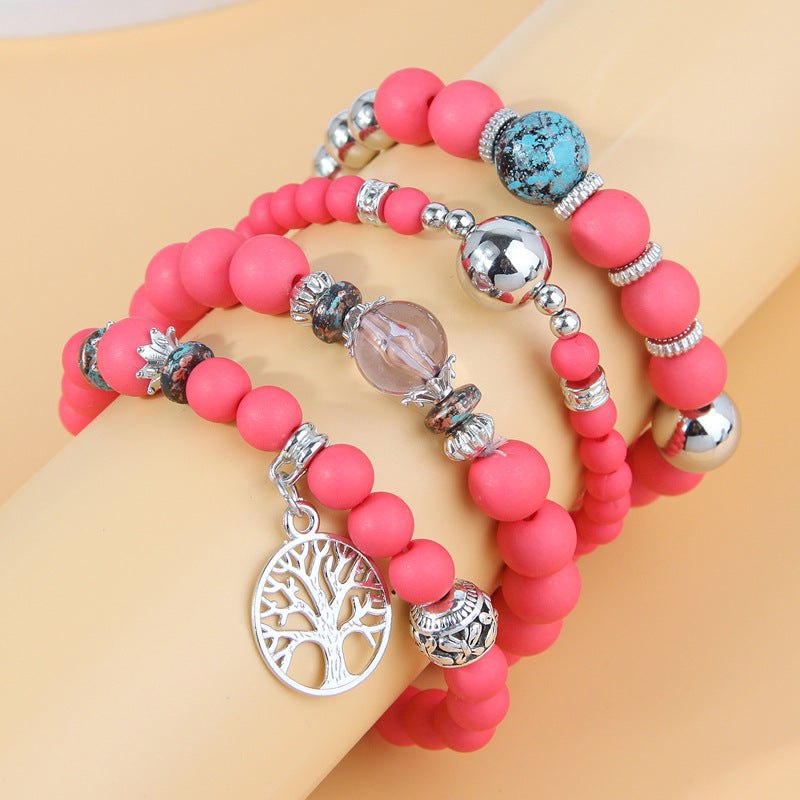 Wholesale Alloy Tree of Life Pendant Frosted Bead Multilayer Bracelet