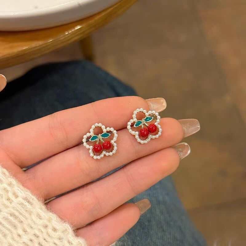 Wholesale Cute Red Cherry Pearl Flower Earrings