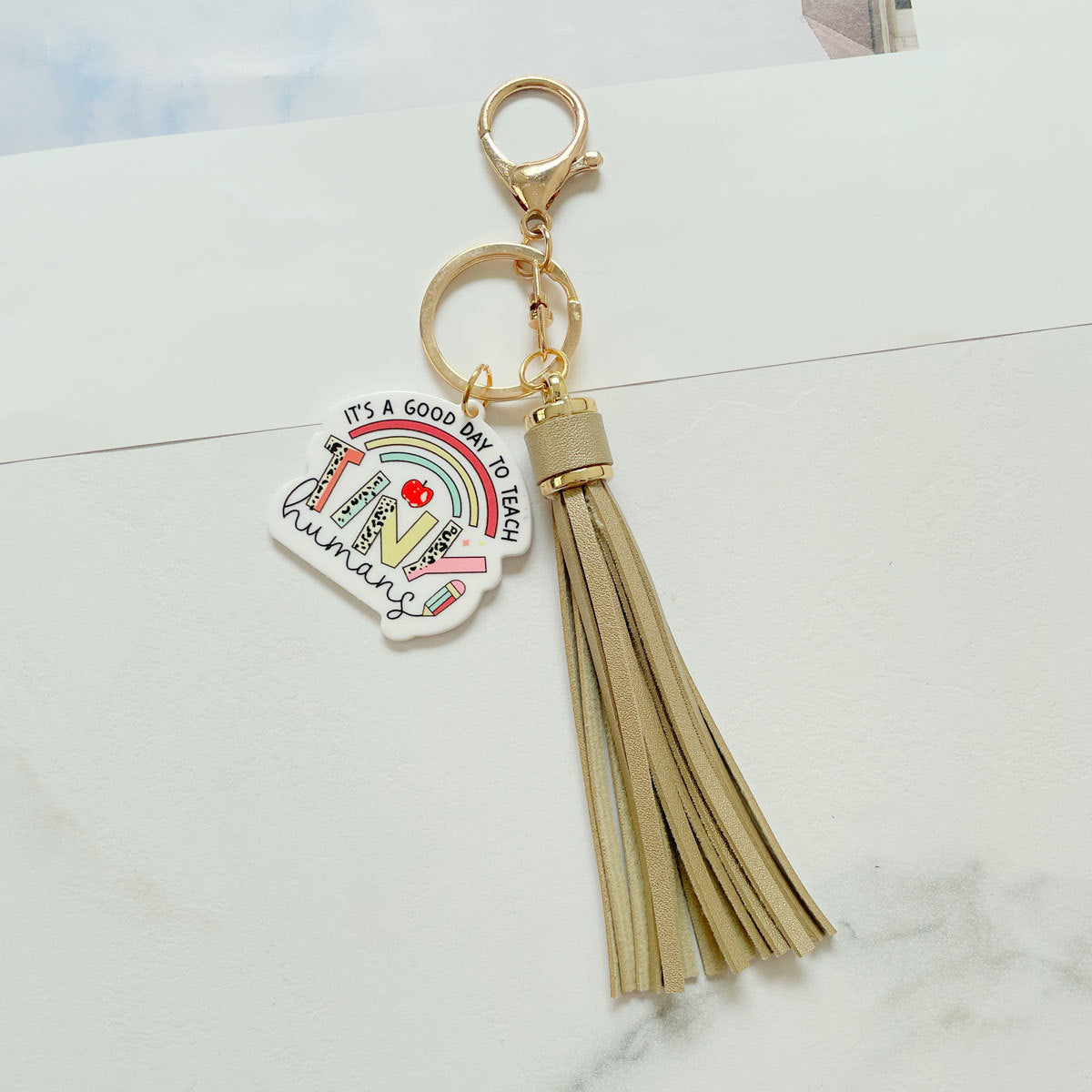 Wholesale Teacher Gifts Acrylic PU Tassel Bag Charm Keychain