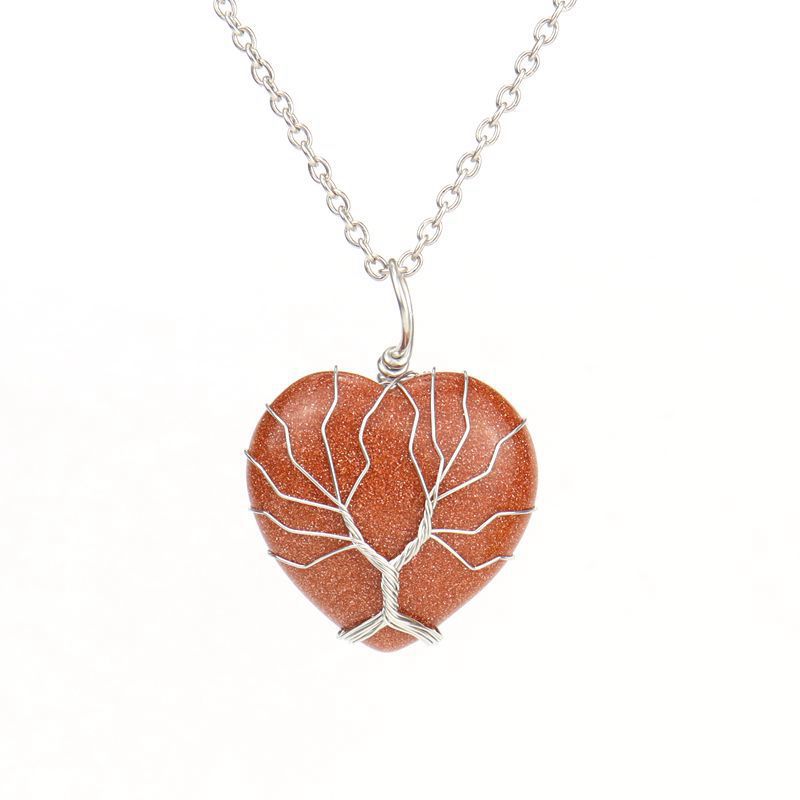 Wholesale Silver Hand-wound Heart Natural Stone Rose Quartz Tree of Life Necklace