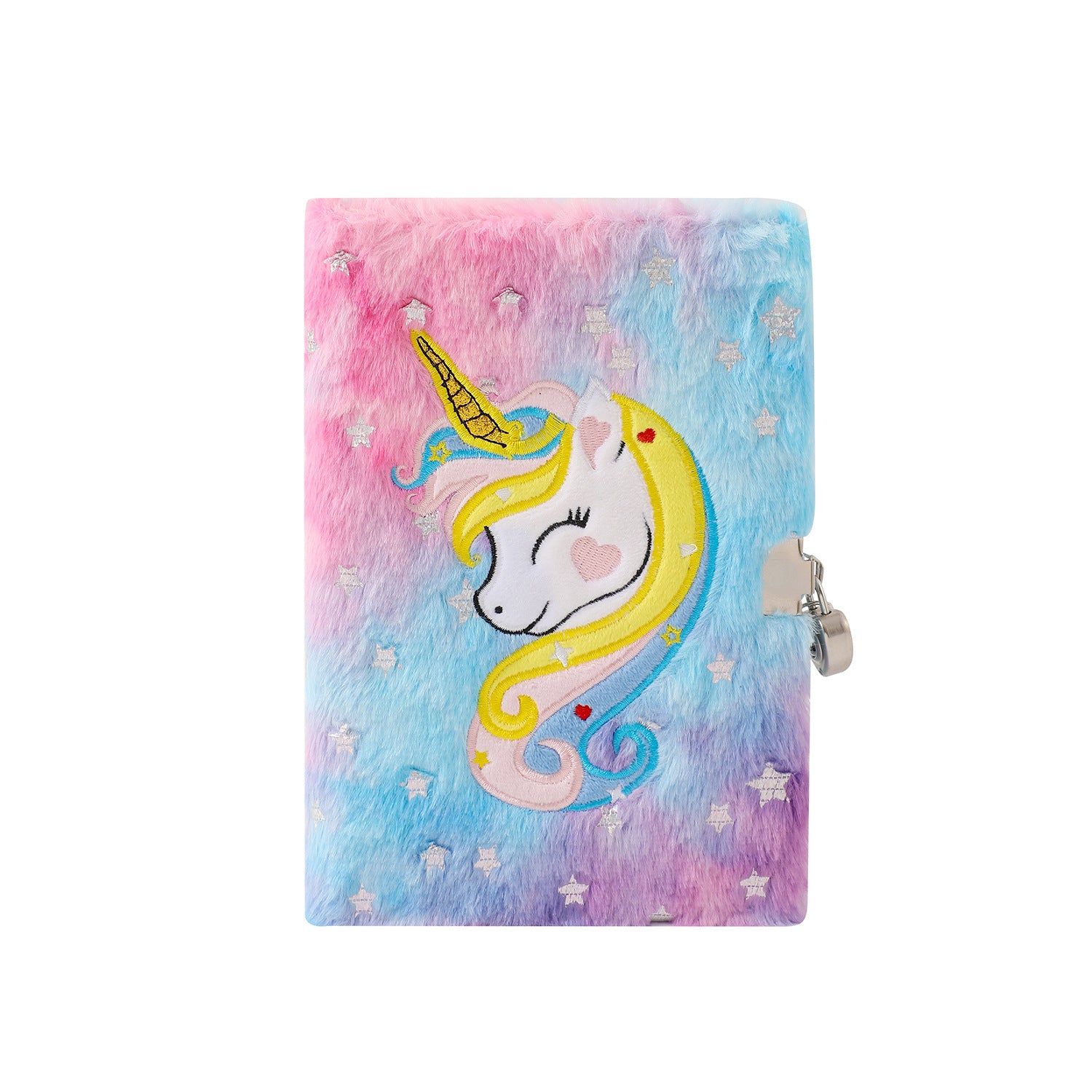 Wholesale Silver-stamped unicorn plush tie-dye notebook with lock