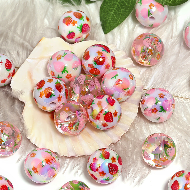 Wholesale 100pcs Acrylic Milk Strawberry DIY Printed Beads