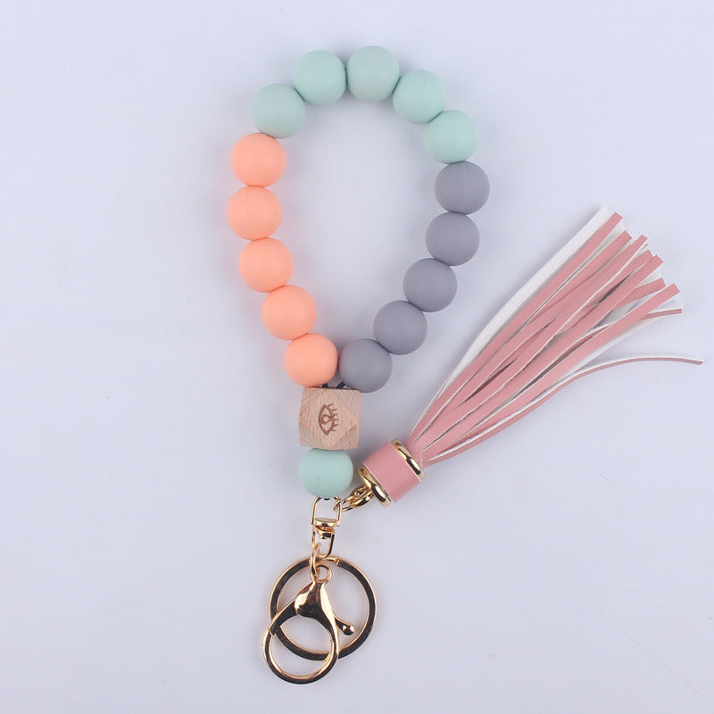Wholesale Leopard Pattern Silicone Tassel Beaded Wrist Keychain