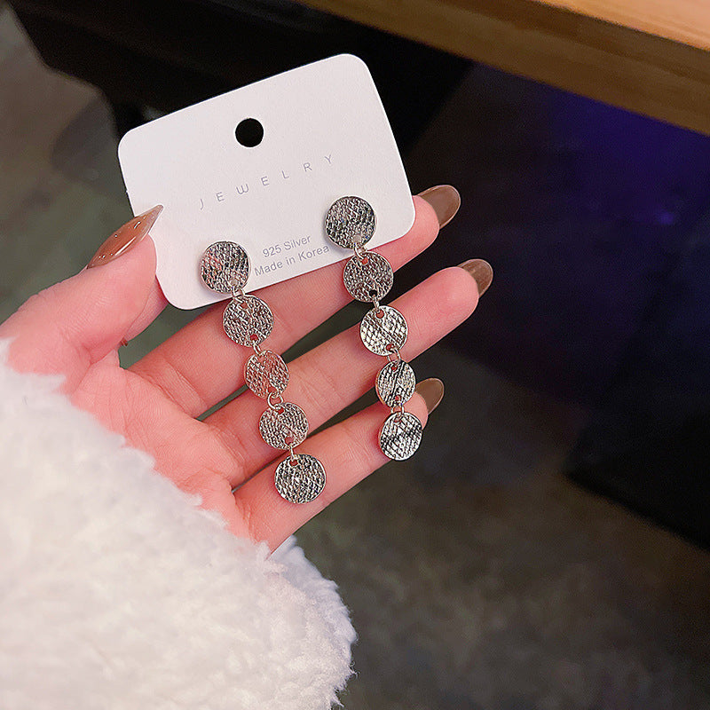 Wholesale 925 Silver Needle Round Plate Ultra Sparkling Long Alloy Earrings