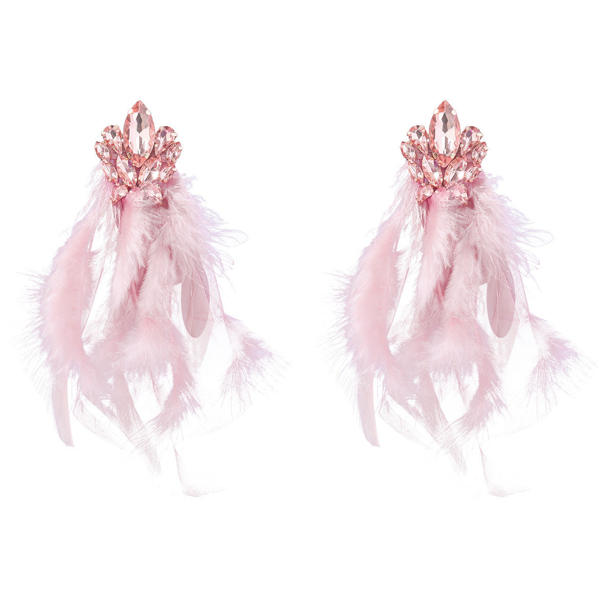 Wholesale Diamond studded floral long feather fringe earrings