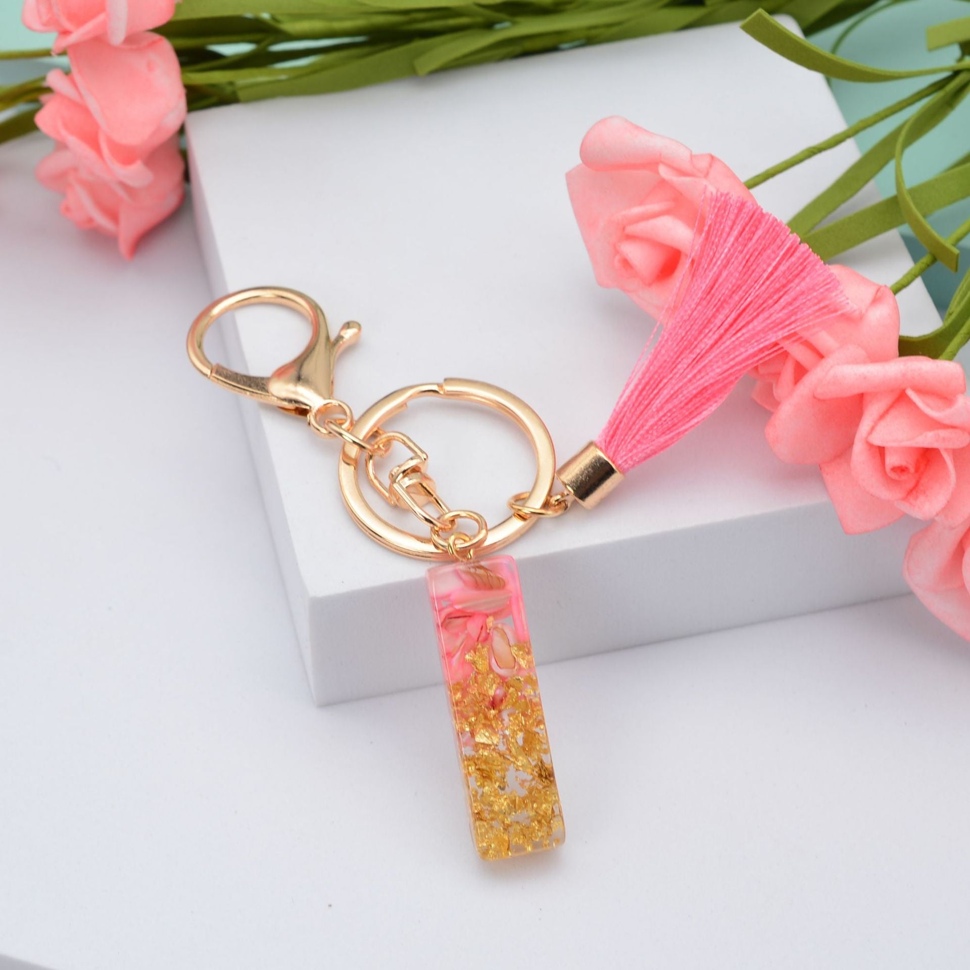Wholesale Pink Tassel 26 Letter Crystal Resin Keychain