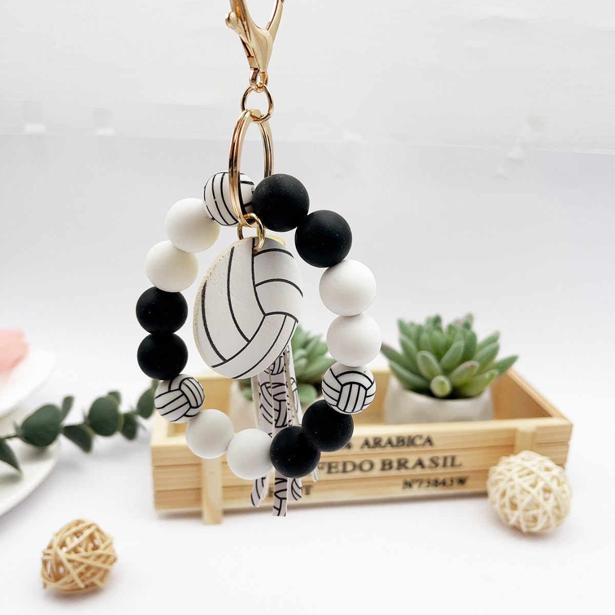 Wholesale Silicone Beaded Tassel Charm Bracelet Keychain Wood Beads Ball Pendant