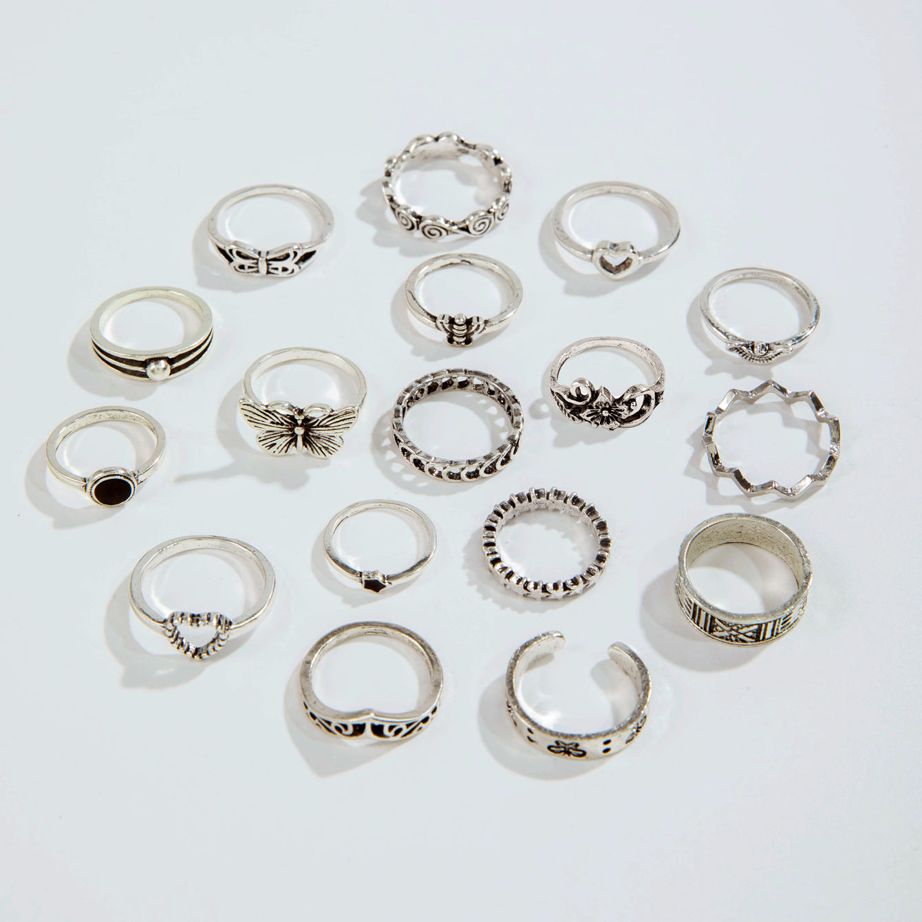 Wholesale Retro Butterfly Flower Moon Ring Punk Snake Stacking Joint Ring Set