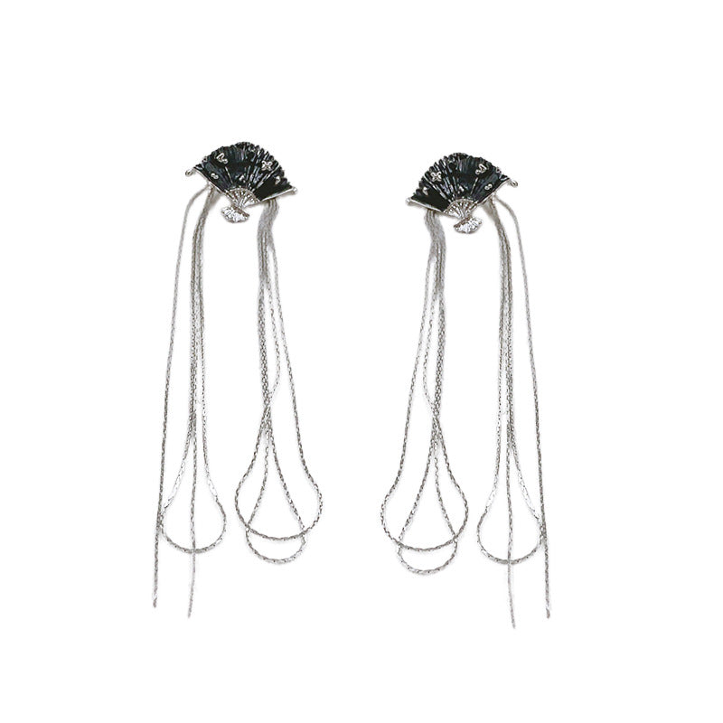 Wholesale Design Enamel Fan Tassel New Chinese Style Retro Temperament Personality Earrings Ear Studs
