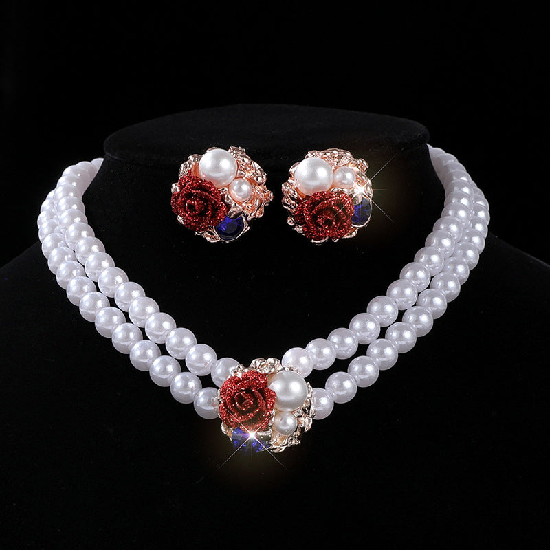 Wholesale Chic Faux Pearl Flower Choker Necklace And Earrings Set For Women Wedding Jewelry Lake Blue