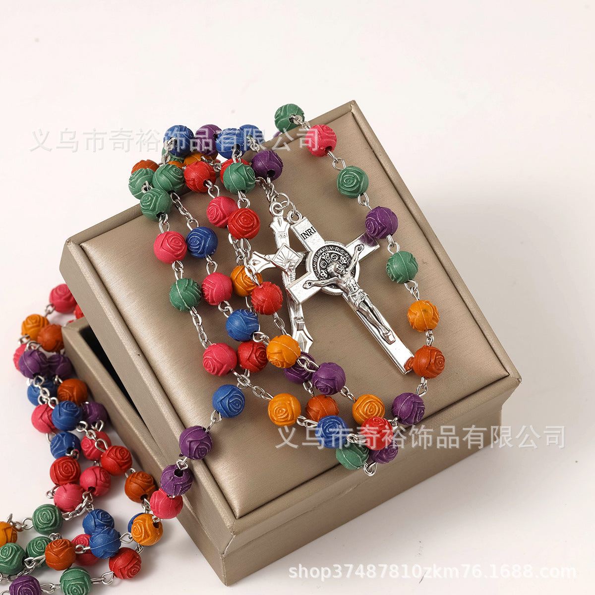 Wholesale 8mm mixed color rose bead cross rosary necklace