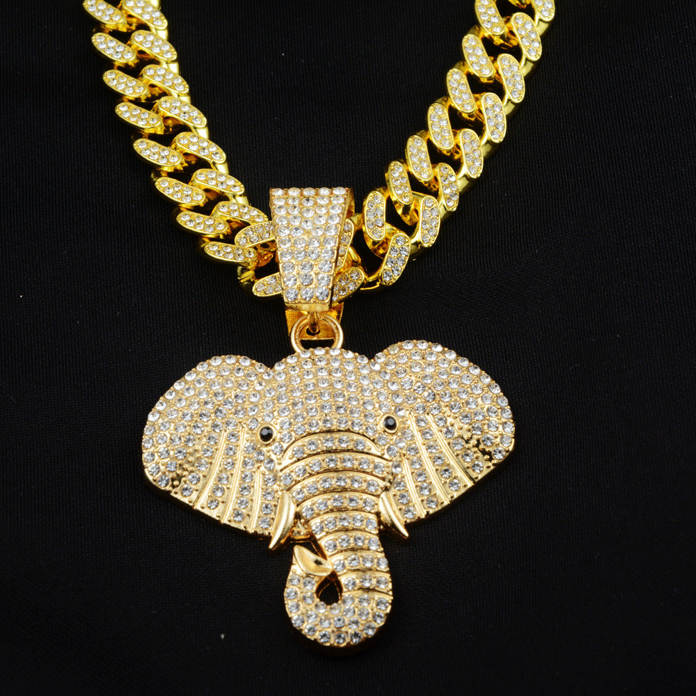 Wholesale Full Diamond Elephant Cuban Chain Necklace Zinc Alloy Handmade Jewelry Trendy Fashion Accessory For Gift Boutique Resale