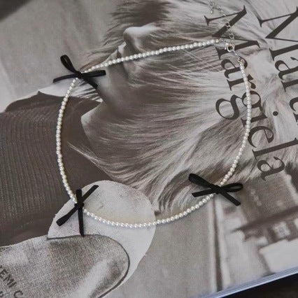 Wholesale Sweet Style Ribbon Bow Pearl Necklace Clavicle Chain
