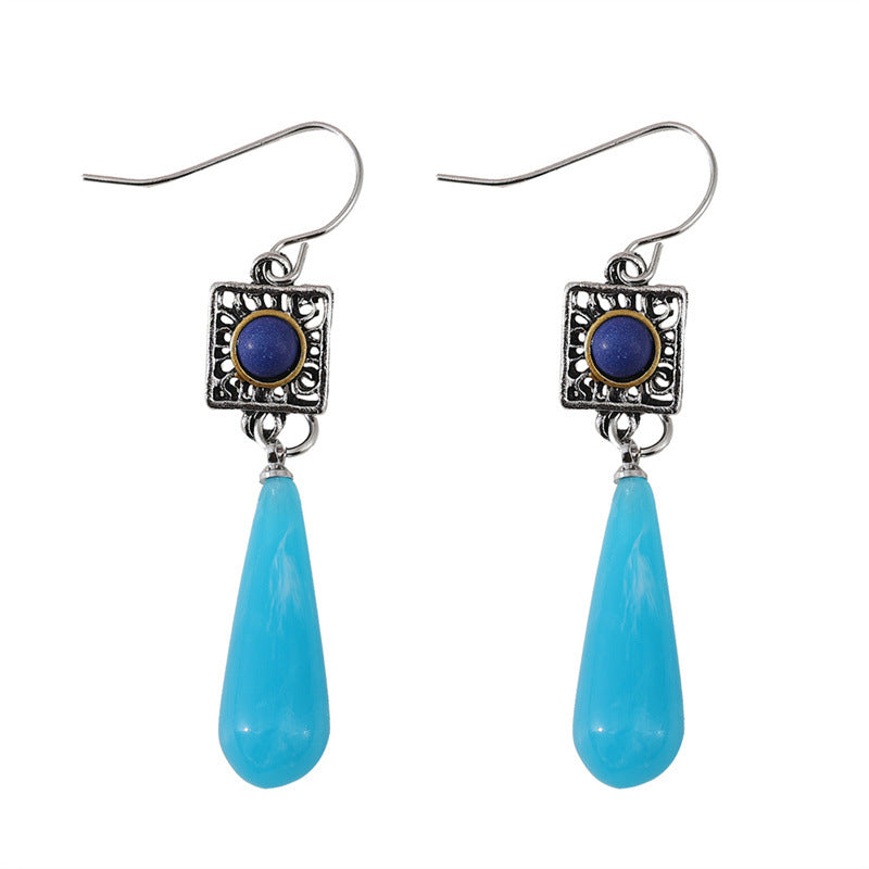 Wholesale Fashionable Ethnic Style Two-color Turquoise Inlaid Elegant High-end Long Drop Pendant Earrings