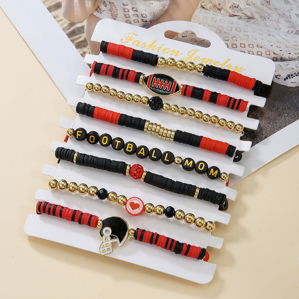 Wholesale Baseball 8-Piece Soft Ceramic Rugby Colorful Multi Strip Stacked Bracelet Set