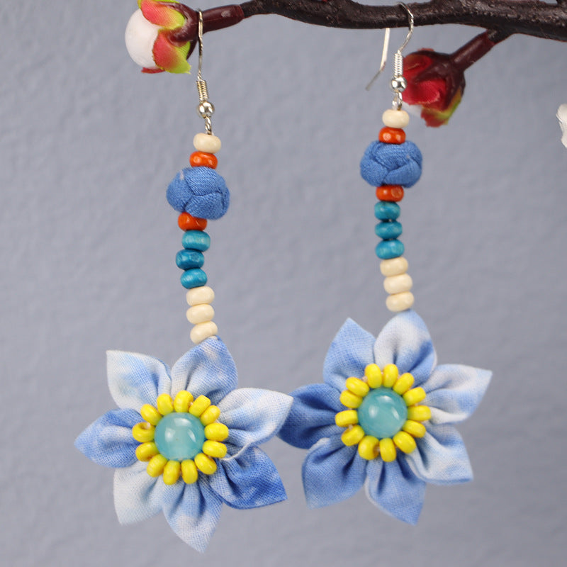 Wholesale Tie-dye blue dye earrings earrings ethnic style buckle flower blue earrings tie-dye earrings