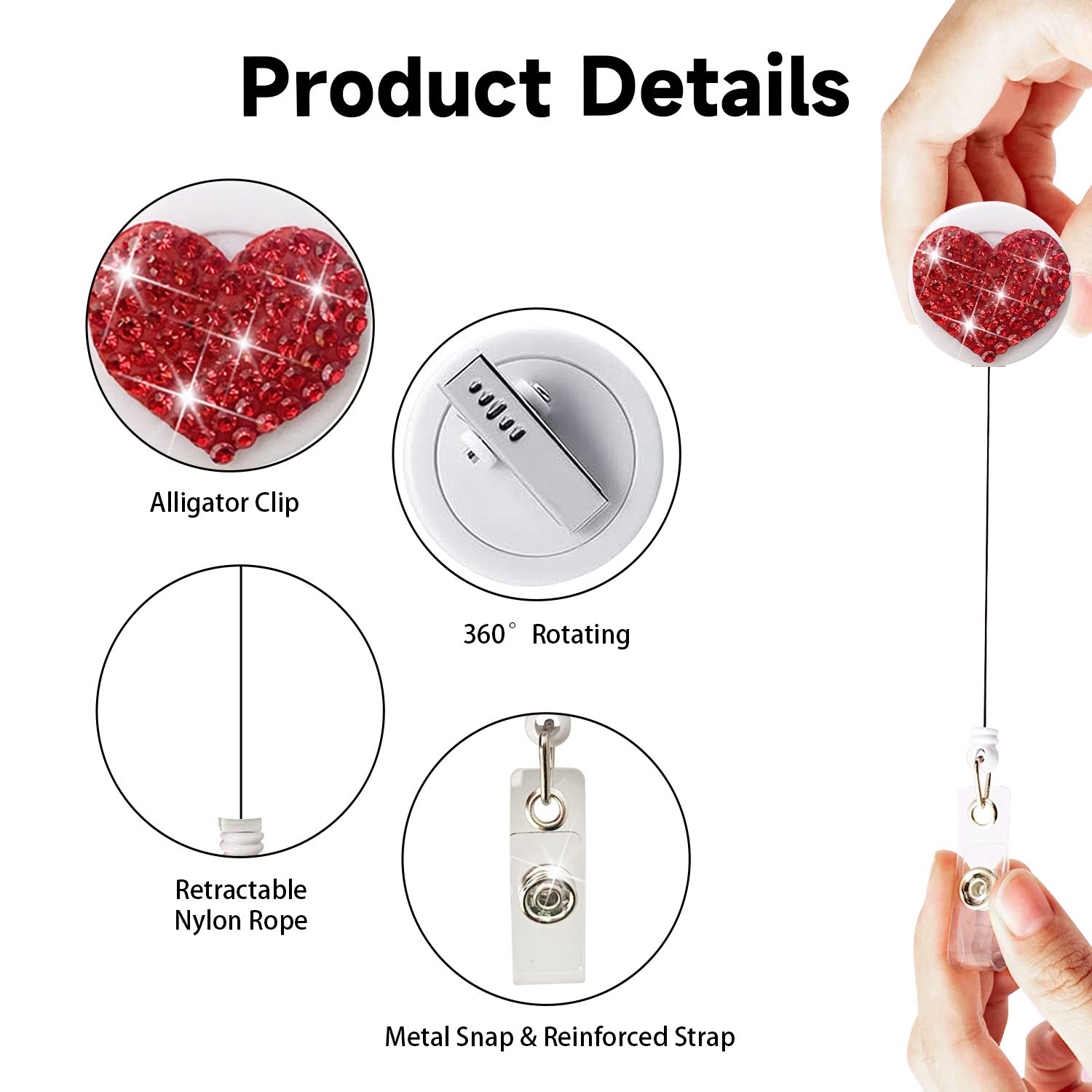 Wholesale Colorful Resin Rhinestone Love Heart Alligator Clip Retractable Keychain