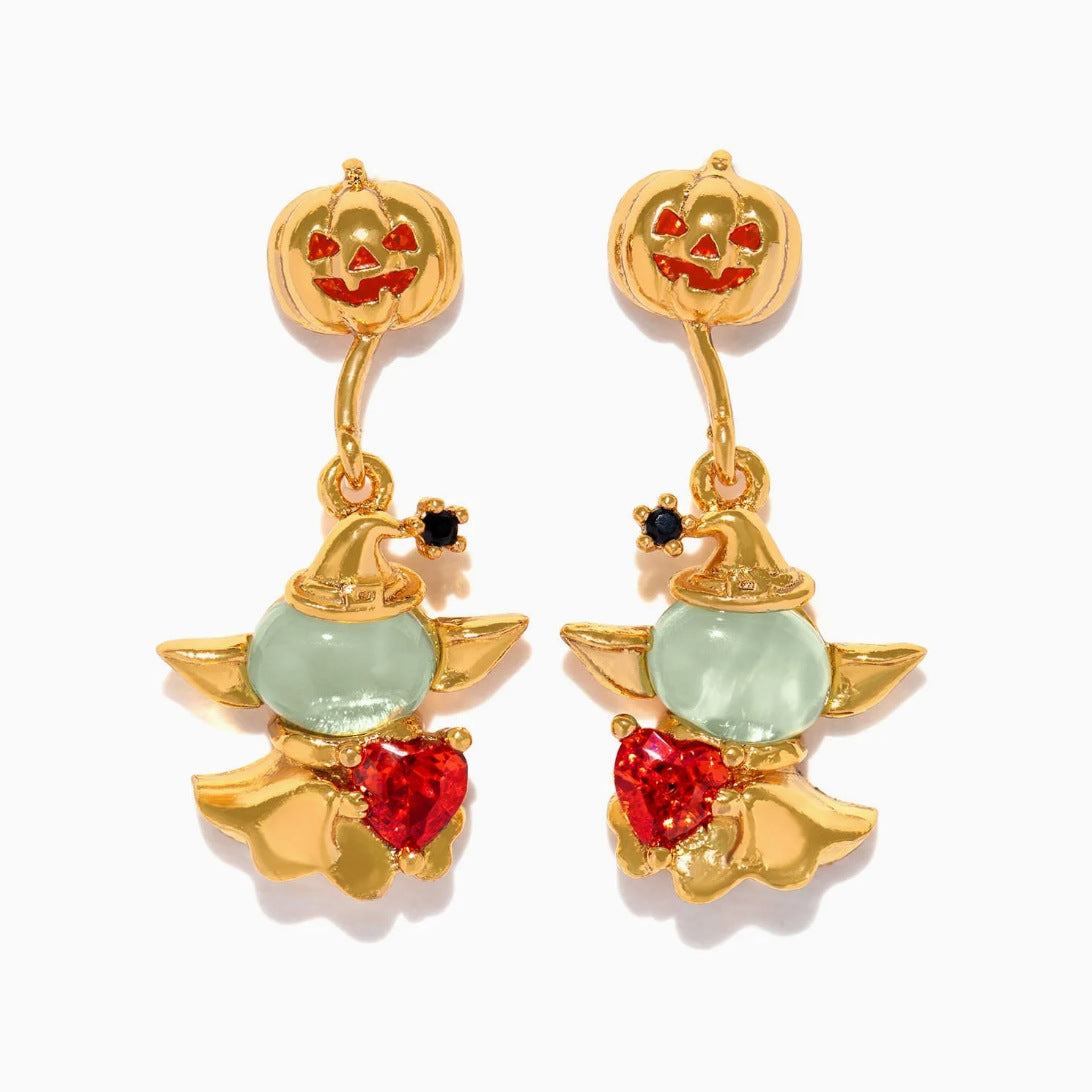 Wholesale Halloween Creative Copper Gold-plated Funny Oil Drop Zircon Cartoon Pumpkin Ghost Earrings