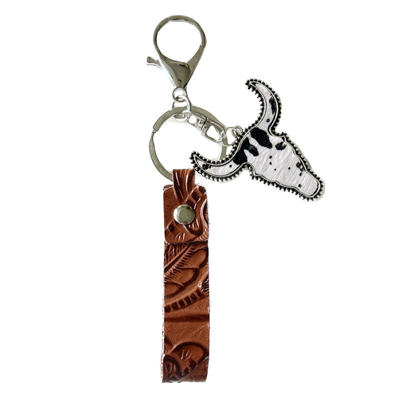 Wholesale Western style genuine leather keychain vintage brown pendant