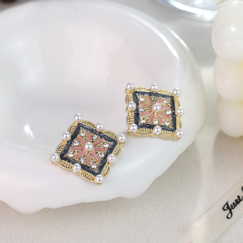 Wholesale New Chinese Retro Tile Geometric Square Color Oil Drop Inlaid Pearl Silver Needle Alloy Earrings