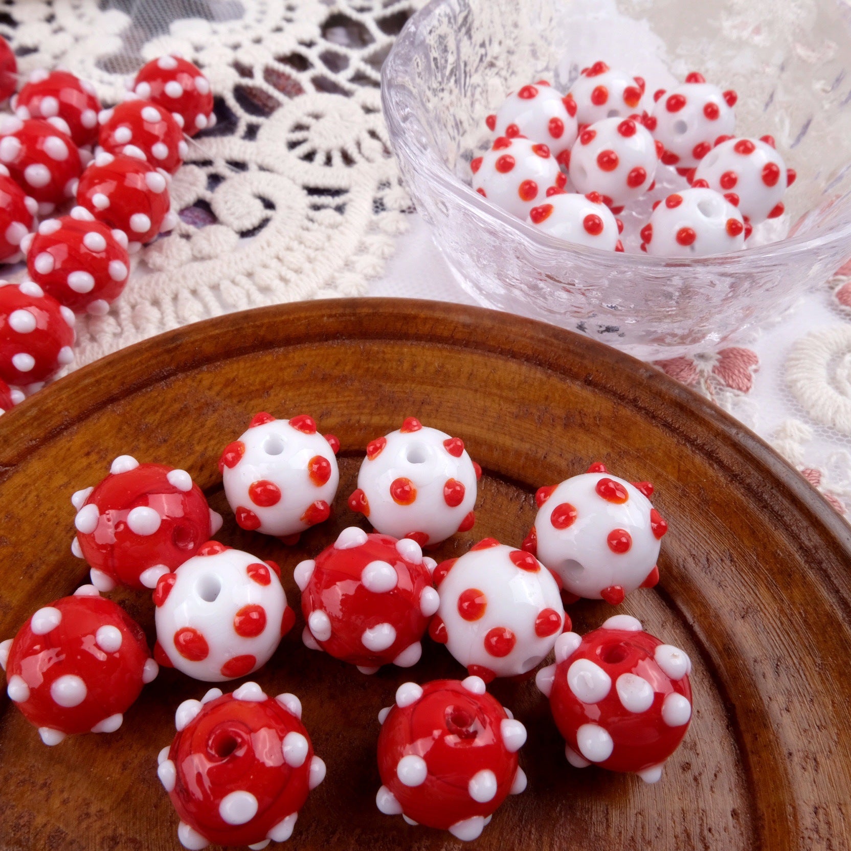 Wholesale 2pcs Handmade Glass Polka Dot Ball Red White Colorful Beads