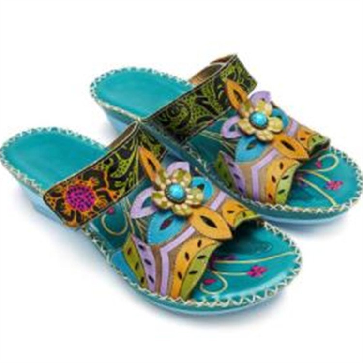Wholesale Ethnic Style Summer Color Matching Wedge Heel Totem Sandals