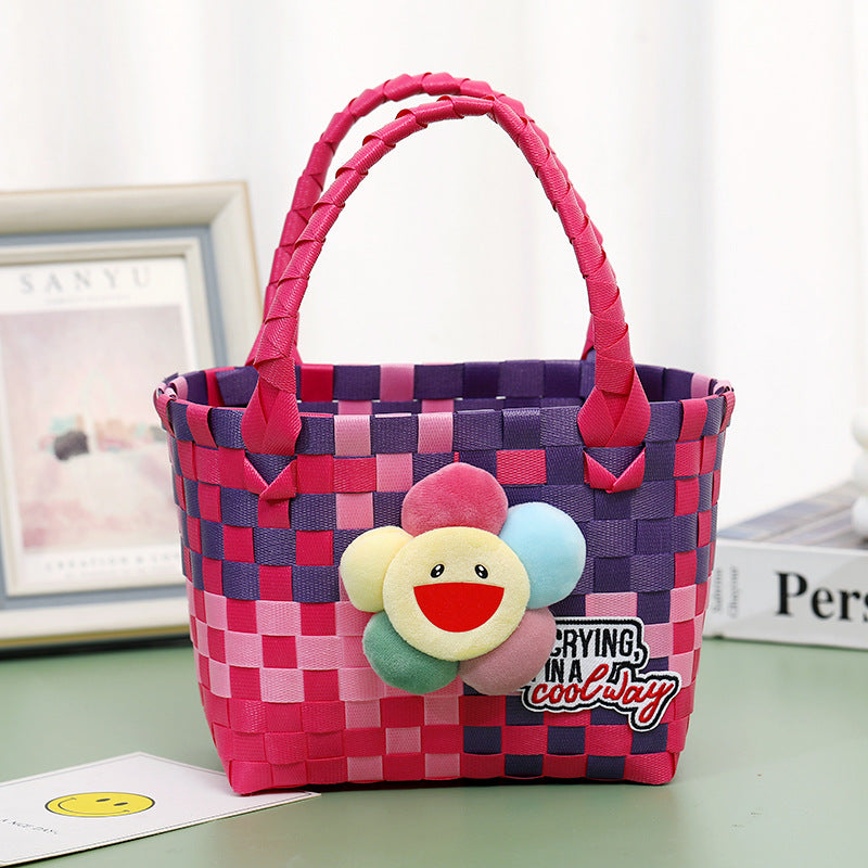 Wholesale Children's flower cute summer beach colorful literary hand-woven handbag