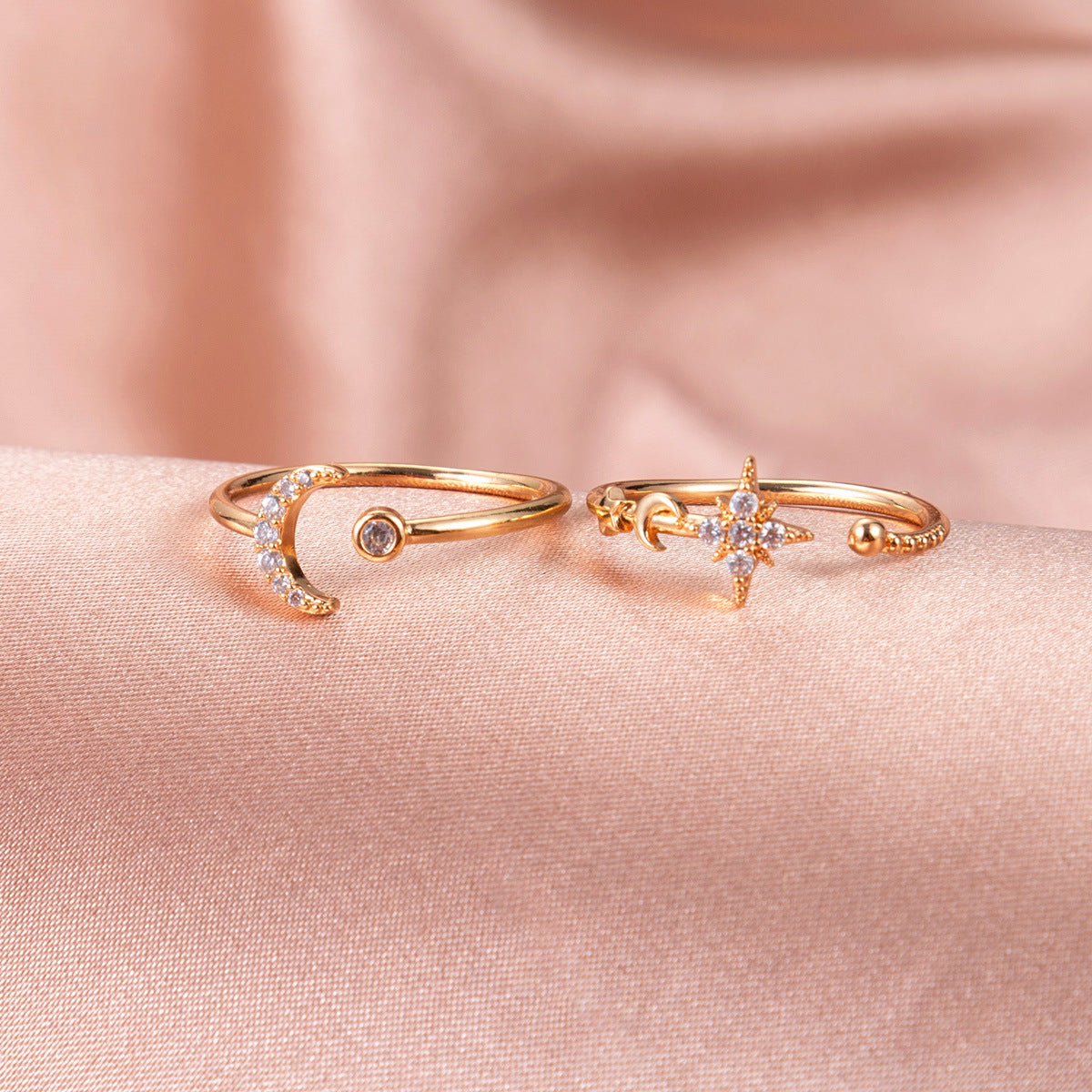 Wholesale Sun and Moon Tonghui Stacked  Diamond  Open Copper Rings Necklaces Jewelry Set