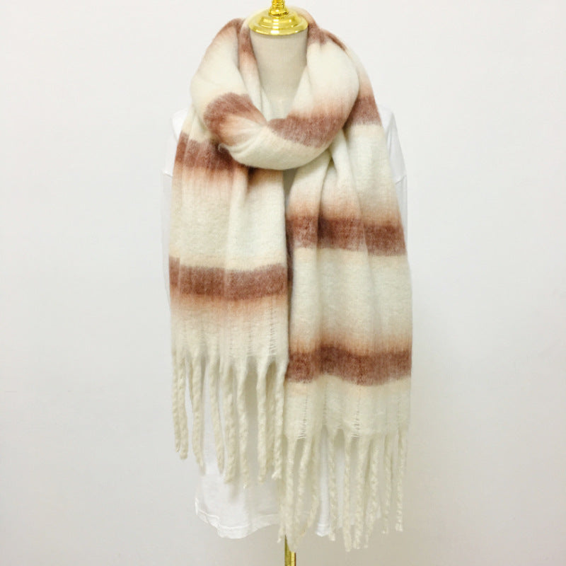 Wholesale Winter Mohair Tassels Rainbow Striped Woolen Scarves