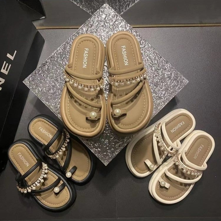 Wholesale Toe Pearl Chain Thick Sole Versatile Sandals