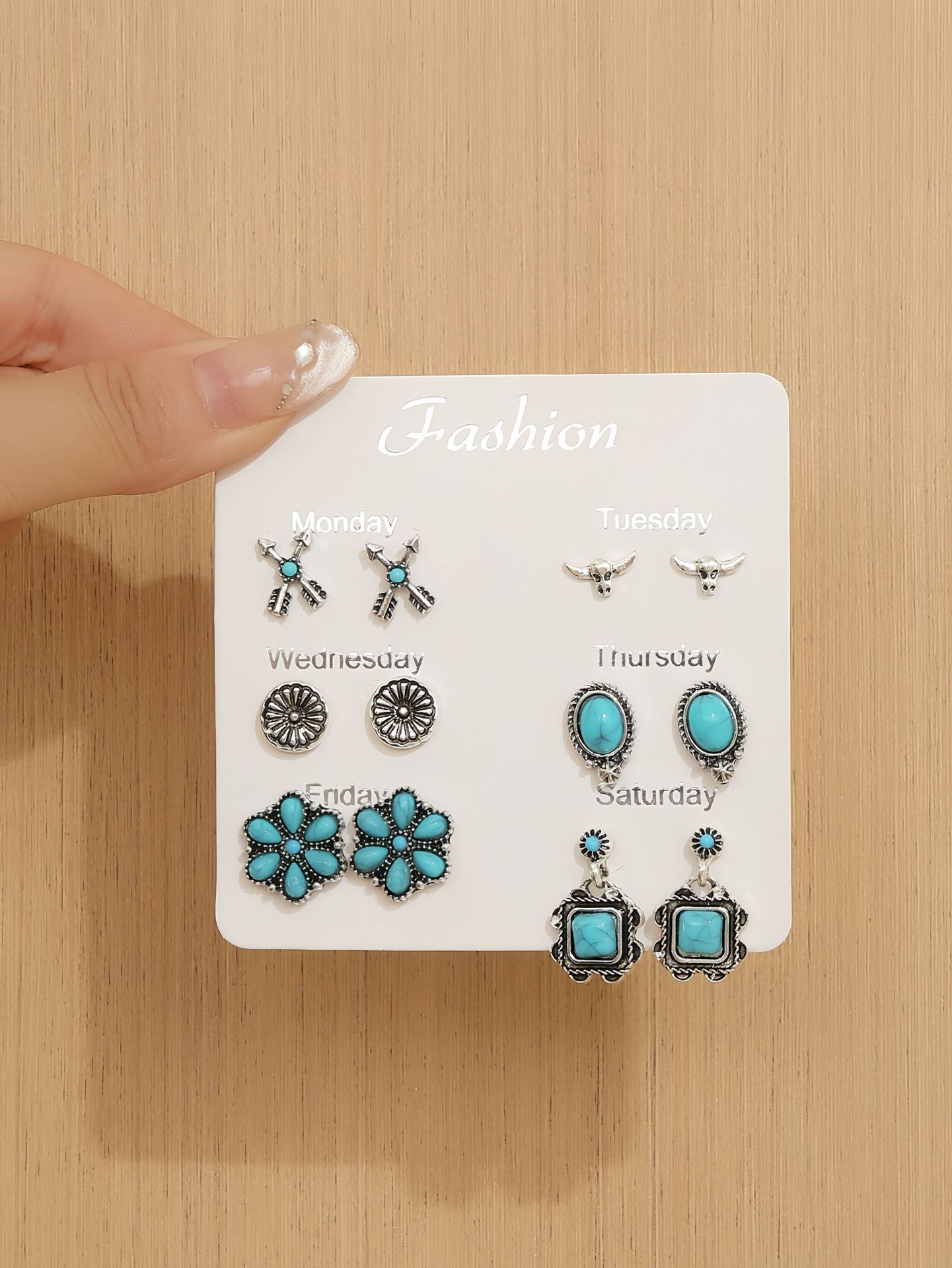 Wholesale 6 Pairs Bohemian Turquoise Drop Earrings Set Arrow Heart Flower Tassel Ethnic Style Chic Jewelry Accessory For Everyday Wear