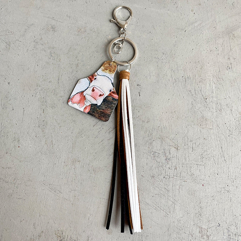 Wholesale 3pcs/pack Western Style Leather Cow Horse Fawn Cow Brand Tassel Keychain