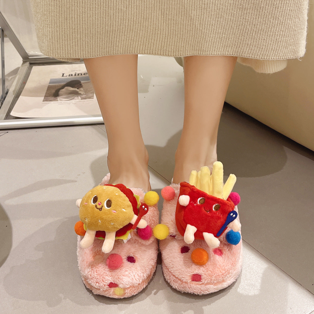 Wholesale Cartoon French Fries Burger Cute Pet Furry Home Rubber Slippers