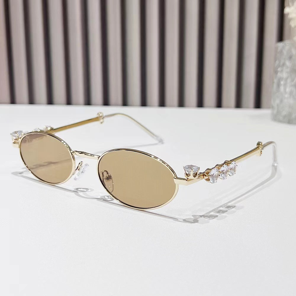 Wholesale Metal diamond oval small frame glasses resin anti-blue light glasses rhinestones plain y2k sunglasses