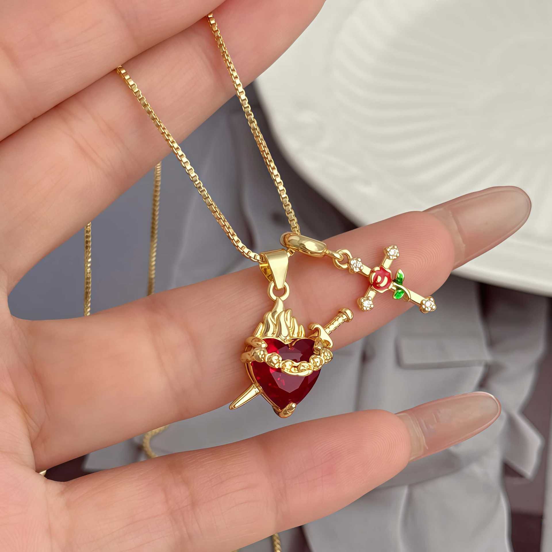 Wholesale Red Sacred Heart Cross Pendant Necklace Heart Shaped Collarbone Chain In Copper Fashion Jewelry Gift Accessory