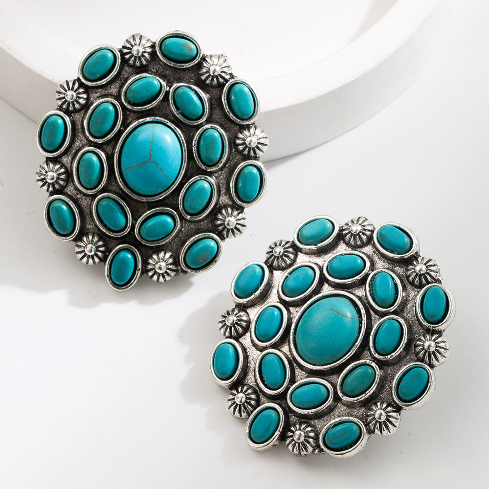 Wholesale Western style exaggerated turquoise retro geometric earrings