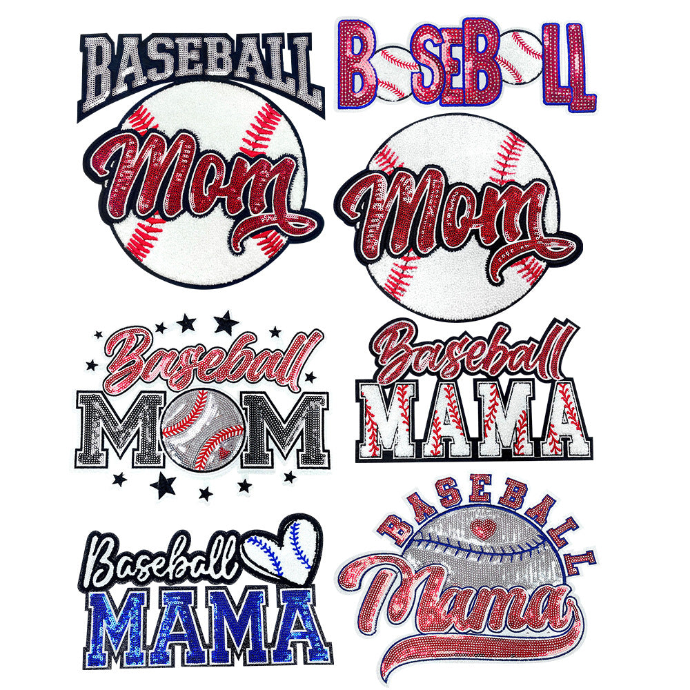Wholesale Baseball Mama Sparkling Sequin Embroidered Patch Red Glue Backing Stylish Coat Decoration Fashion Sew On Accessory