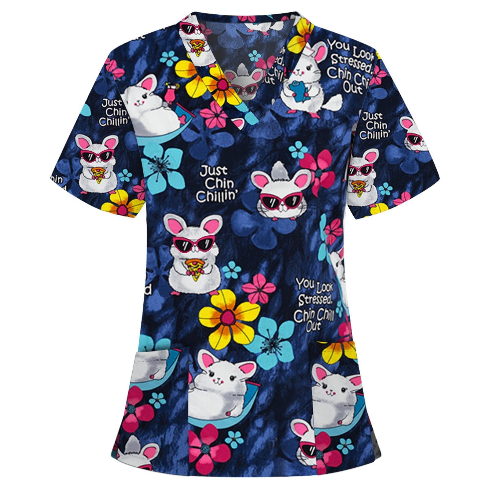 Wholesale Women's V-neck Cartoon Printed Pockets Polyester Work Clothes