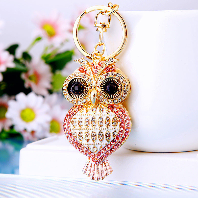 Wholesale Pink Rhinestone Owl Car Keychain Metal Key Ring Bag Charm Fashion Accessory Gift